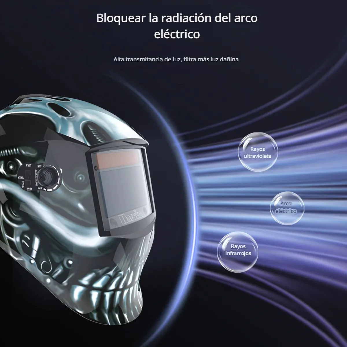 Máscara Para Soldar Con Oscurecimiento Automático, Carga Con Energía Solar. Área De Visión De 100×93 Mm. Diseño De Calavera. - Image 6