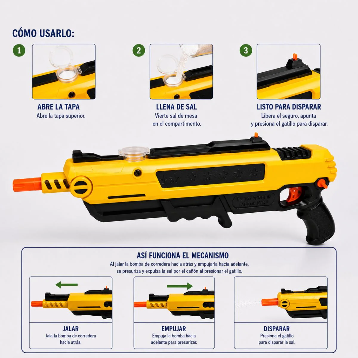 Pistola Lanzadora De Sal Mata Moscas Con Sistema De Bombeo Manual, Mira Superior Y Depósito Visible. Matainsectos. Color Amarillo Y Negro. - Image 4
