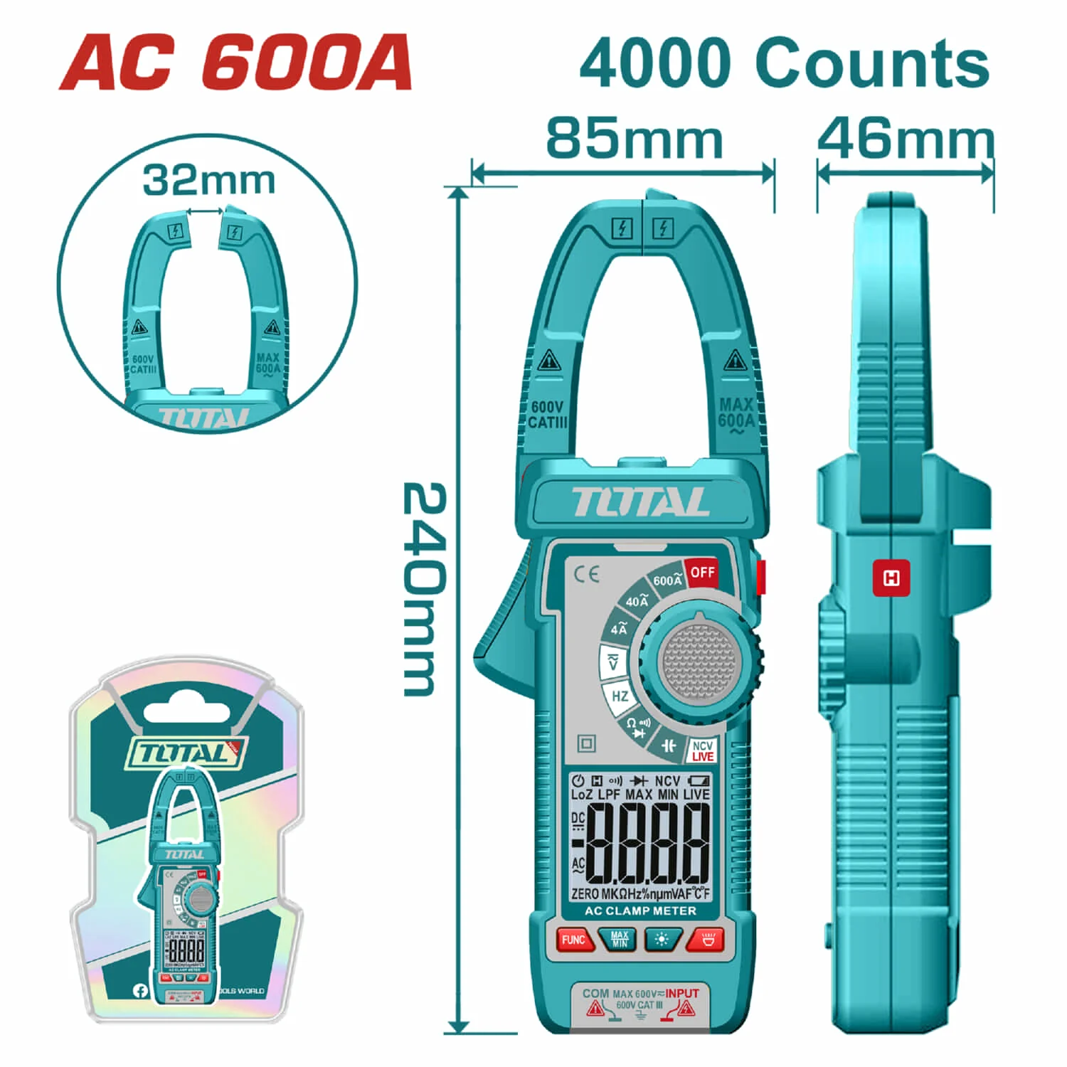 Medidor De Abrazadera Pinza Amperimétrica 4000 Cuentas. AC 600A. Con Retención De Datos. Resistencia 400Ω. - Image 2