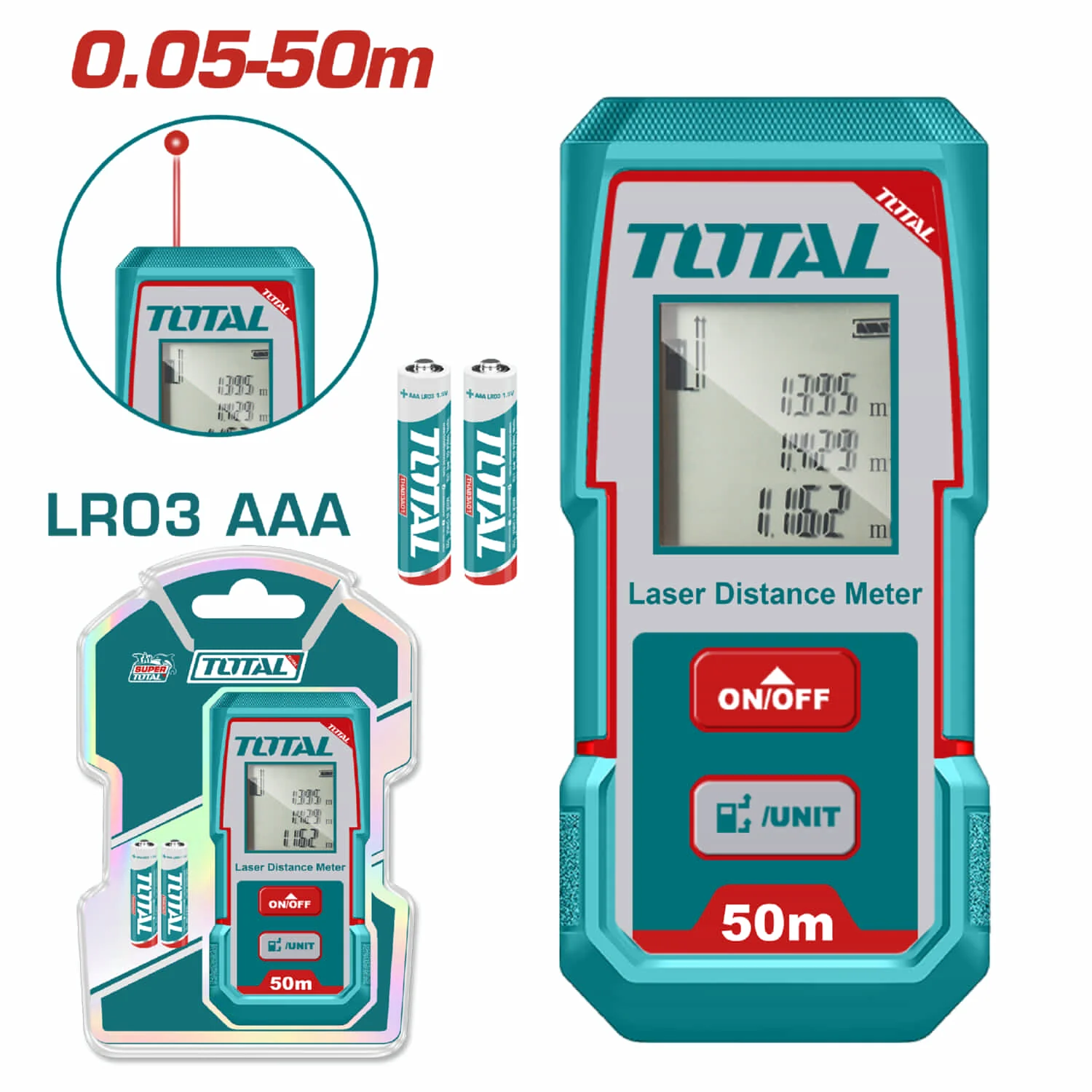 Medidor Laser Rango 0.05-50Mts. Exactitud ±2.0Mm. 635Nm, <1Mw. (Utiliza Baterías AAA)