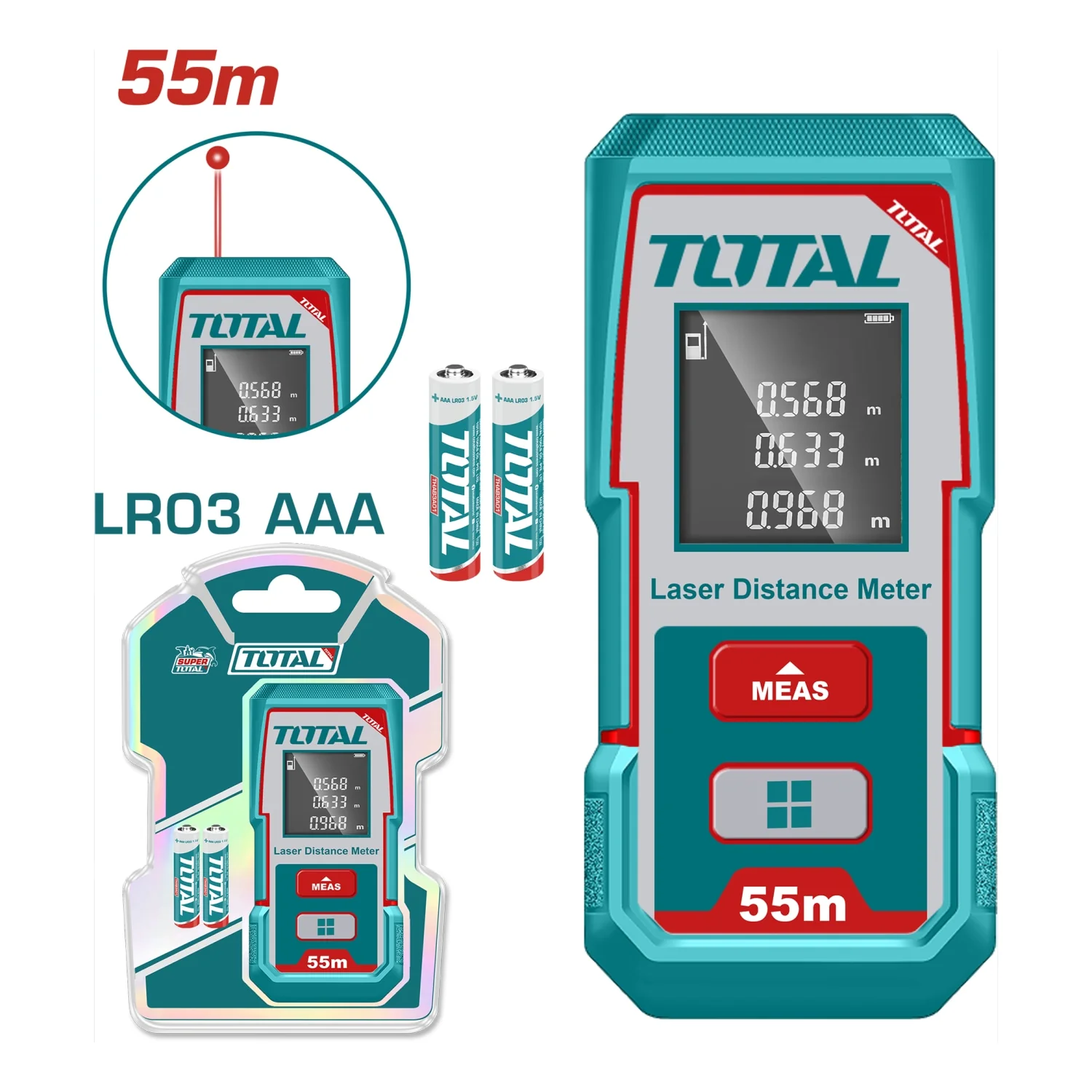 Medidor Láser Rango 0.05–55 Mts. Exactitud ±2.0 Mm. 635 Nm <1 Mw. Baterías AAA.