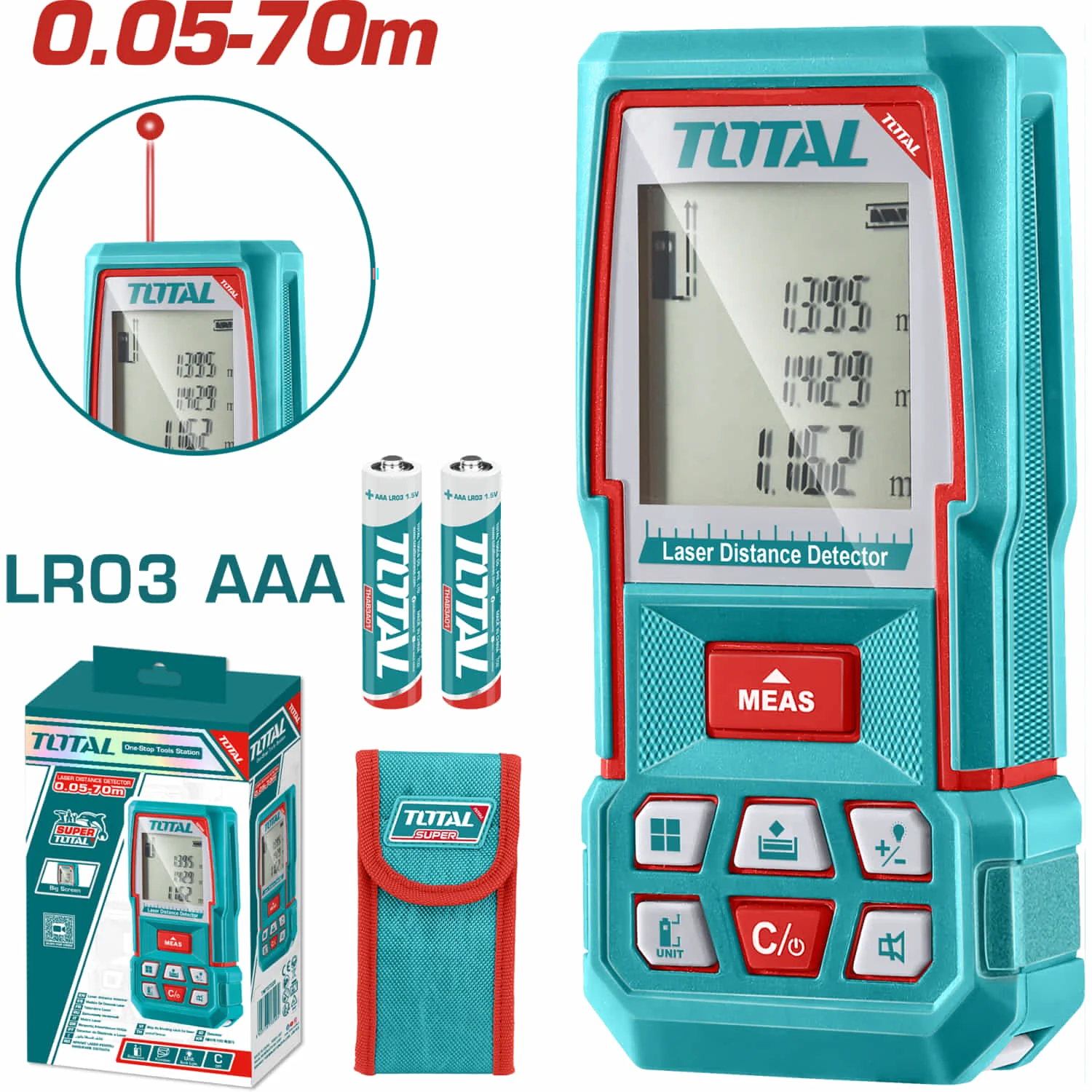 Medidor Laser Rango 0.05-70Mts. Exactitud ±2.0Mm. 635Nm, <1Mw. Baterías AAA