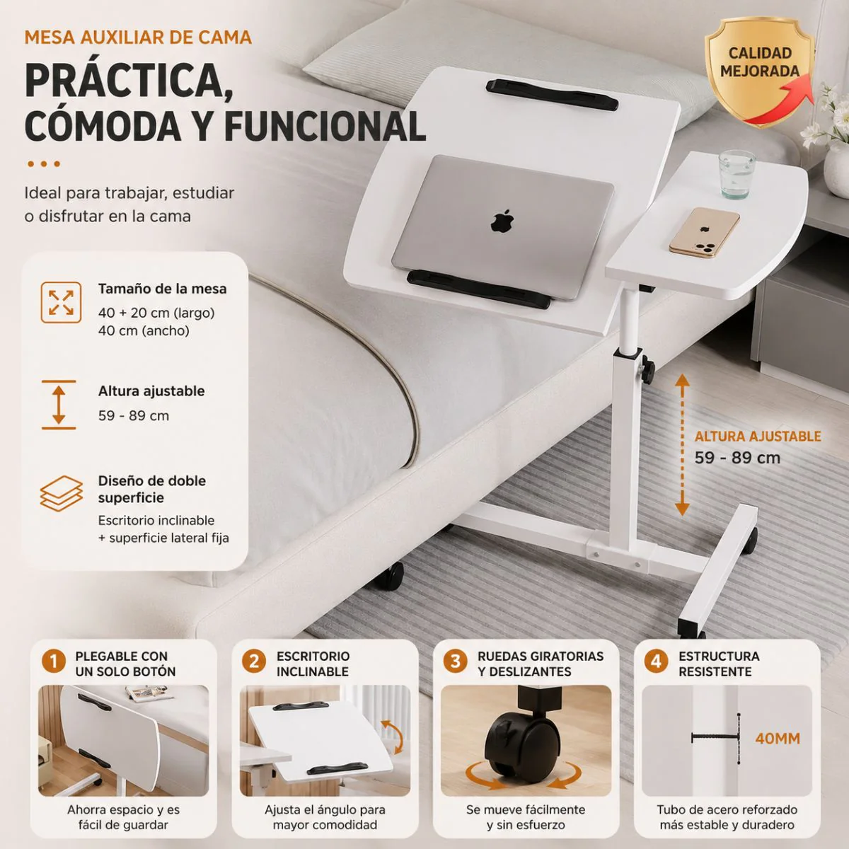 Mesa Auxiliar Plegable Para Cama, Sofá Y Laptop Con Ruedas. Mesita Multifuncional Con Altura Ajustable. Blanca (40+20X40cm) - Image 2