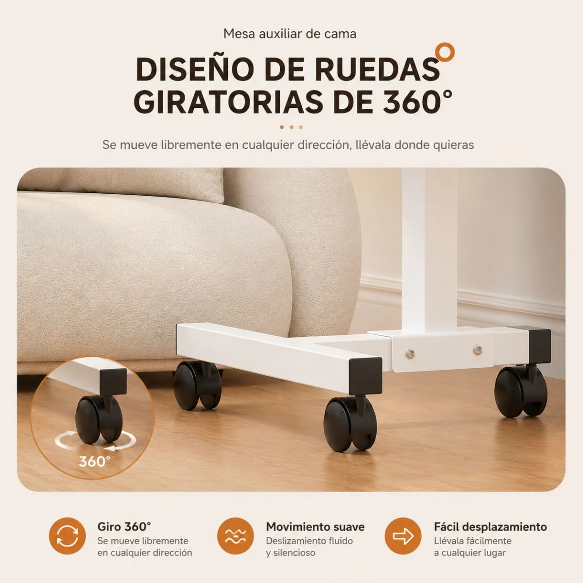 Mesa Auxiliar Plegable Para Cama, Sofá Y Laptop Con Ruedas. Mesita Multifuncional Con Altura Ajustable. Blanca (40+20X40cm) - Image 3