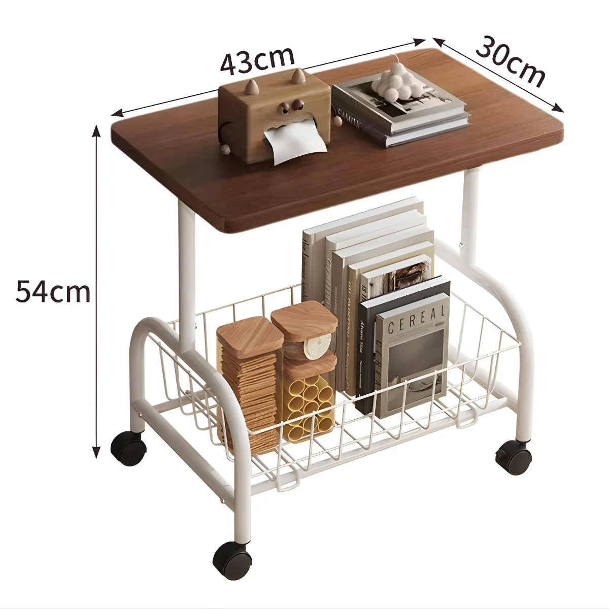 Mesa Carrito Auxiliar Con Ruedas De 360°. Mesa Central Moderna Cesta Metálica. Coffee Table. Sobre Color Madera Y Base Blanca 43X30x54cm. - Image 2