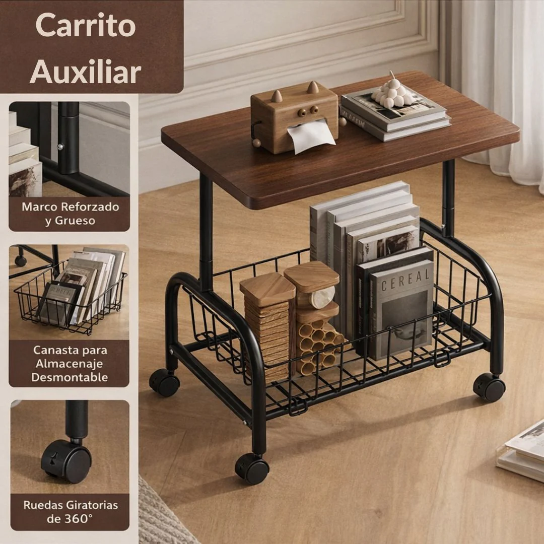 Mesa Carrito Auxiliar Con Ruedas De 360°. Mesa Central Moderna Cesta Metálica. Coffee Table. Sobre Color Madera Y Base Negra 43X30x54cm.