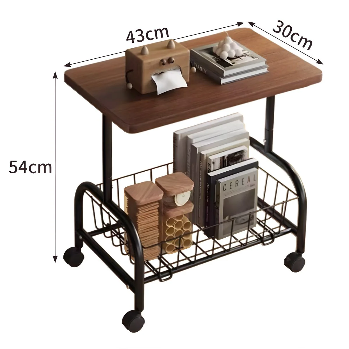 Mesa Carrito Auxiliar Con Ruedas De 360°. Mesa Central Moderna Cesta Metálica. Coffee Table. Sobre Color Madera Y Base Negra 43X30x54cm. - Image 2