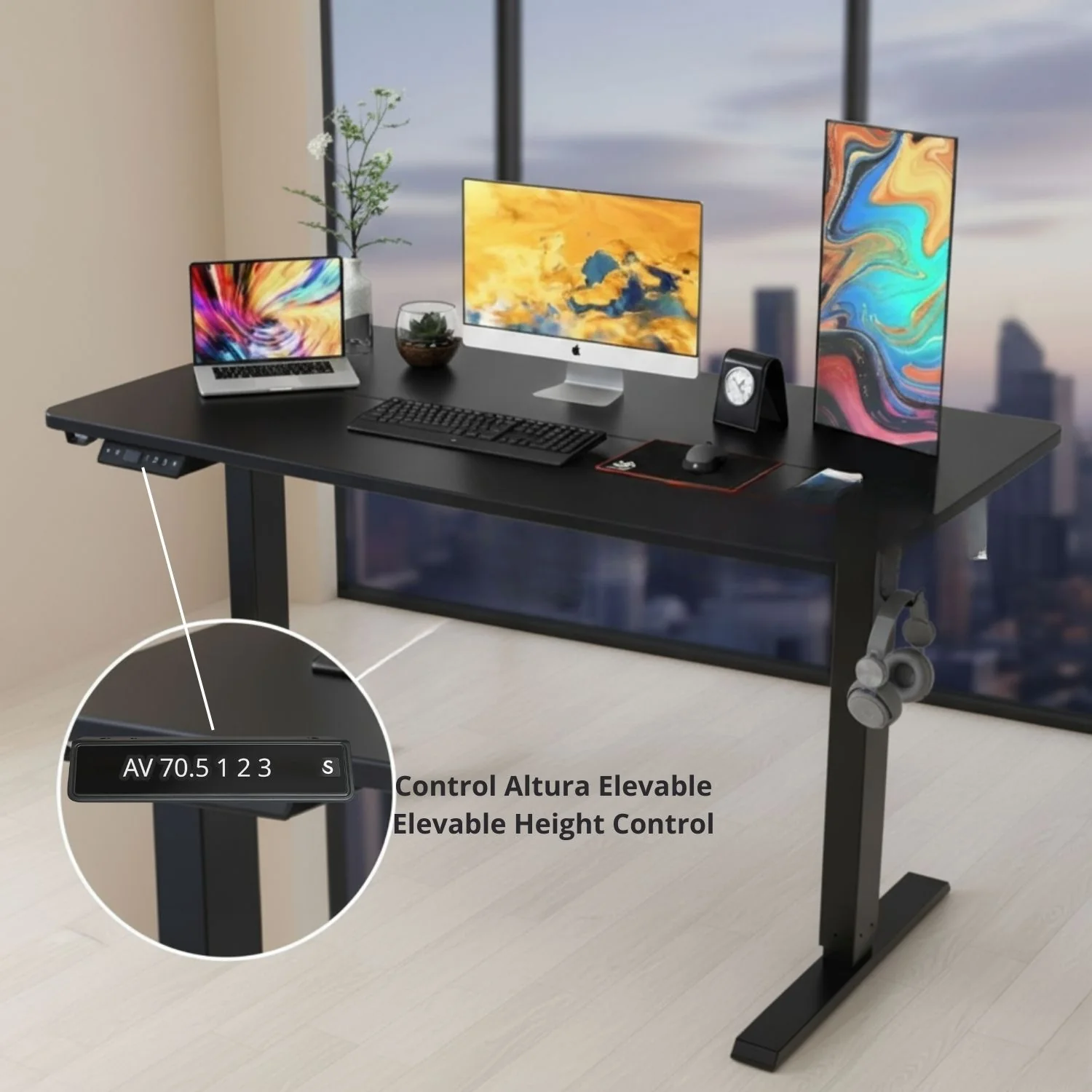 Mesa De Pie Ergonómica Ajustable En Altura 1200*600*15Mm Negro  Con Memoria Y Accesorios. Escritorio Eléctrico