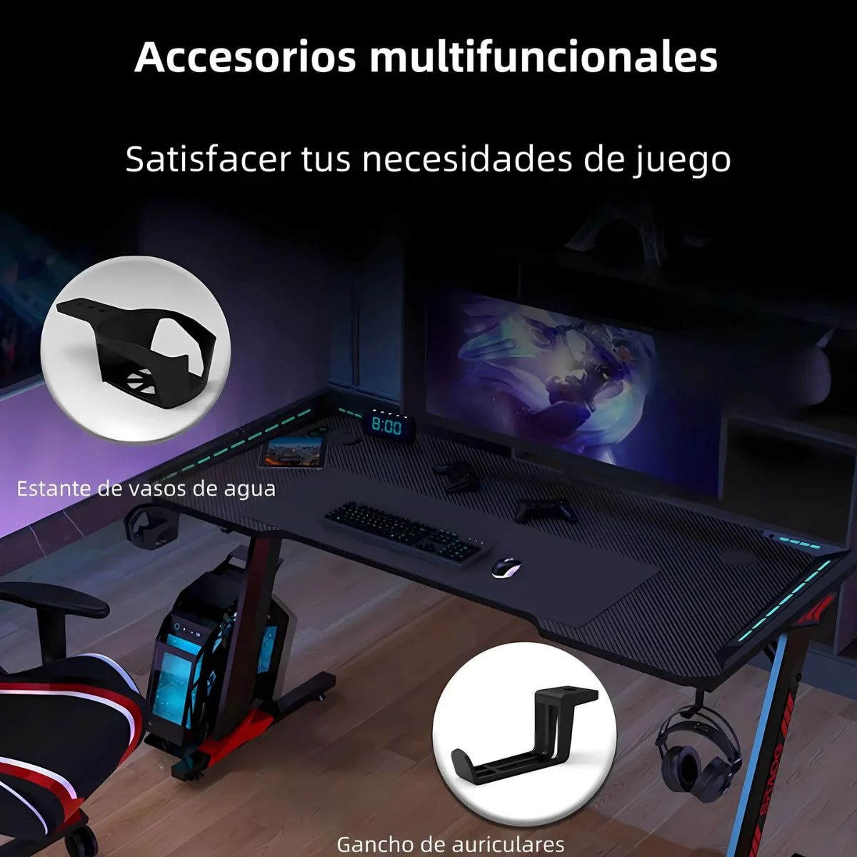Mesa Escritorio Gamer Con Luces RGB. Mesa Para Computadora 120X60cm. Diseño Ergonómico Y Estable. Accesorios Integrados. - Image 3