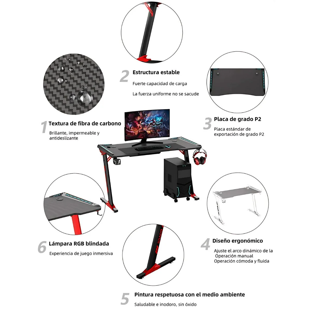 Mesa Escritorio Gamer Con Luces RGB. Mesa Para Computadora 120X60cm. Diseño Ergonómico Y Estable. Accesorios Integrados. - Image 5