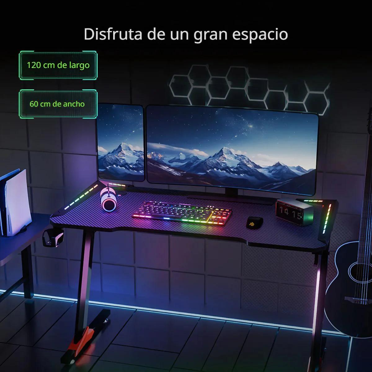 Mesa Escritorio Gamer Con Luces RGB. Mesa Para Computadora 120X60cm. Diseño Ergonómico Y Estable. Accesorios Integrados. - Image 6