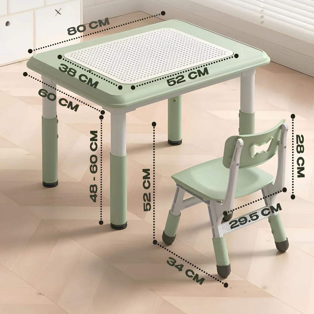 Mesa Infantil Ajustable Con 2 Sillas Para Niños. Altura Ajustable. Set Escritorio Para Niños HDPE Ergonómico Multifuncional Antideslizante (80X60cm) Color Verde - Image 4