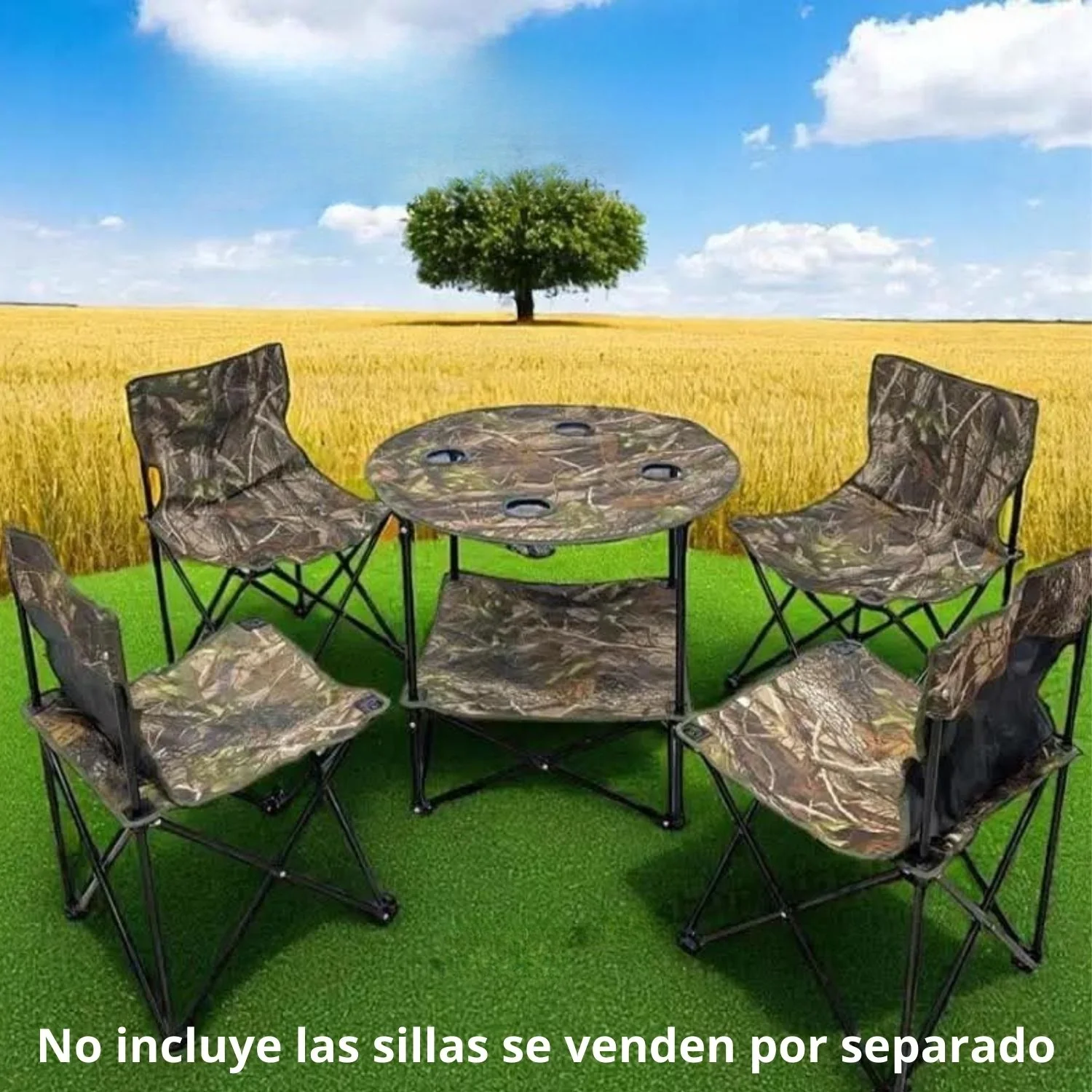 Mesa Plegable Redonda 60X60x70cm Tela Oxford Y Tubos De Acero Camping Camuflada Con Portavasos. Ideal Para Camping Playera Jardín Y Pesca.