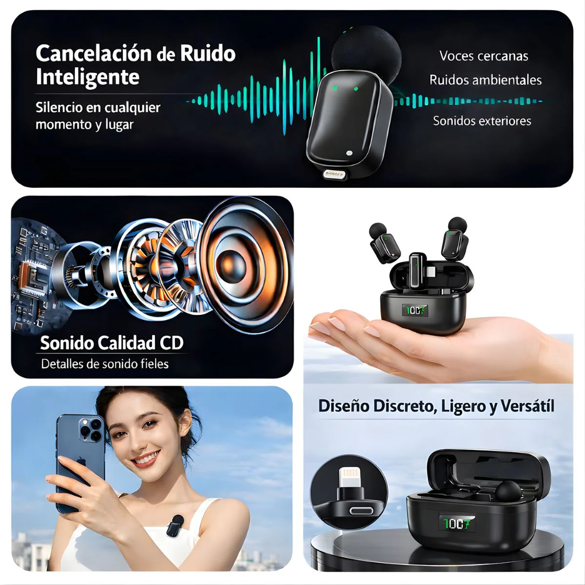 Micrófono Inalámbrico Dual Con Cancelación De Ruido Inteligente. Compatible Con Apple (Conector Lightning). Estuche Con Pantalla Digital. - Image 2