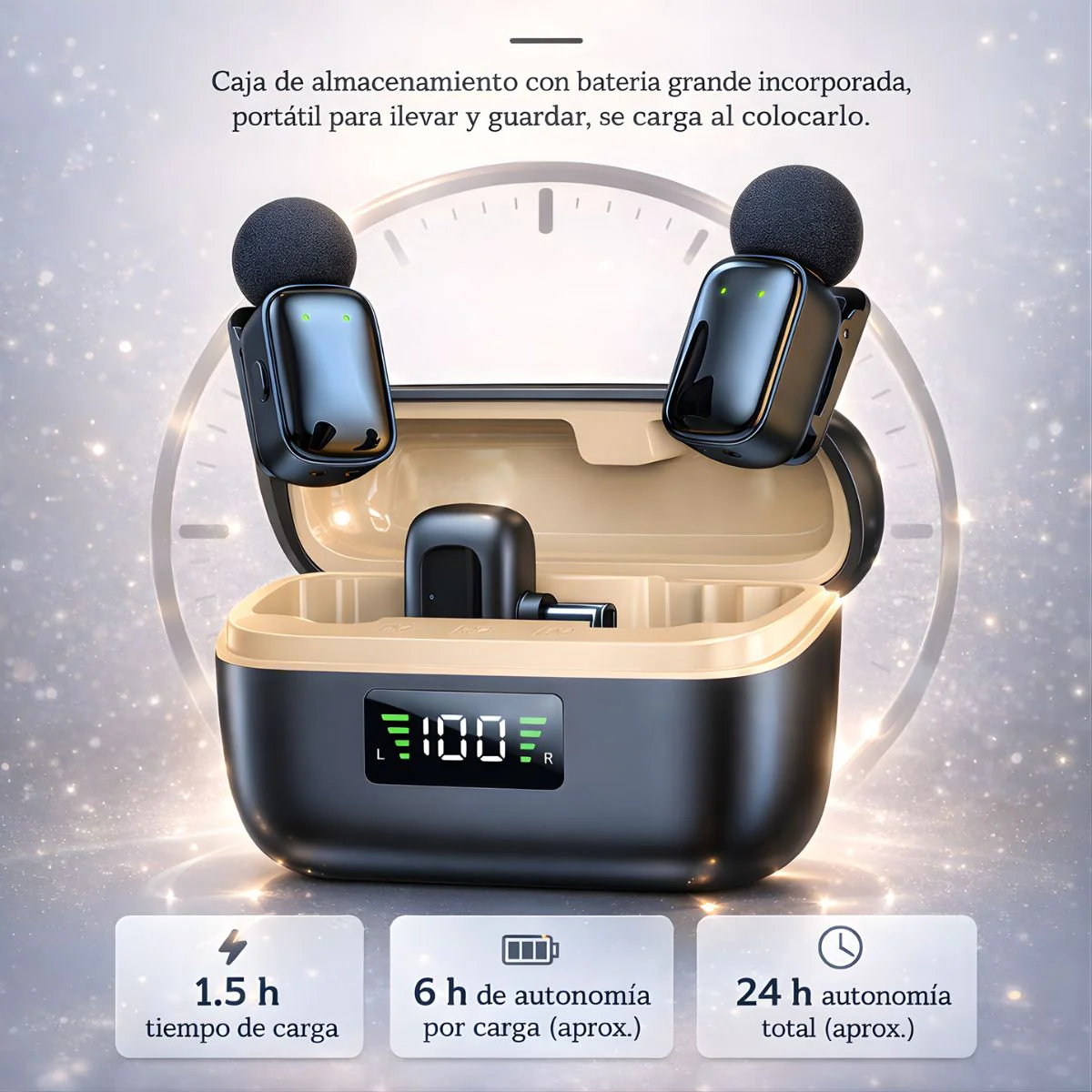Micrófonos Inalámbricos Duales Con Cancelación De Ruido. Conexión USB-C Y Adaptador De Apple. Estuche Con Pantalla Digital Y 24H De Autonomía. - Image 3