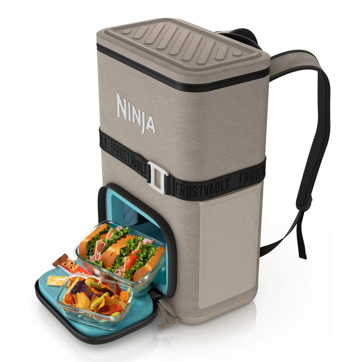 Mochila Cooler Ninja Frostvault Go Para 24 Latas Con Zona Dryzone. Nevera Portátil Térmica. Color Beige.