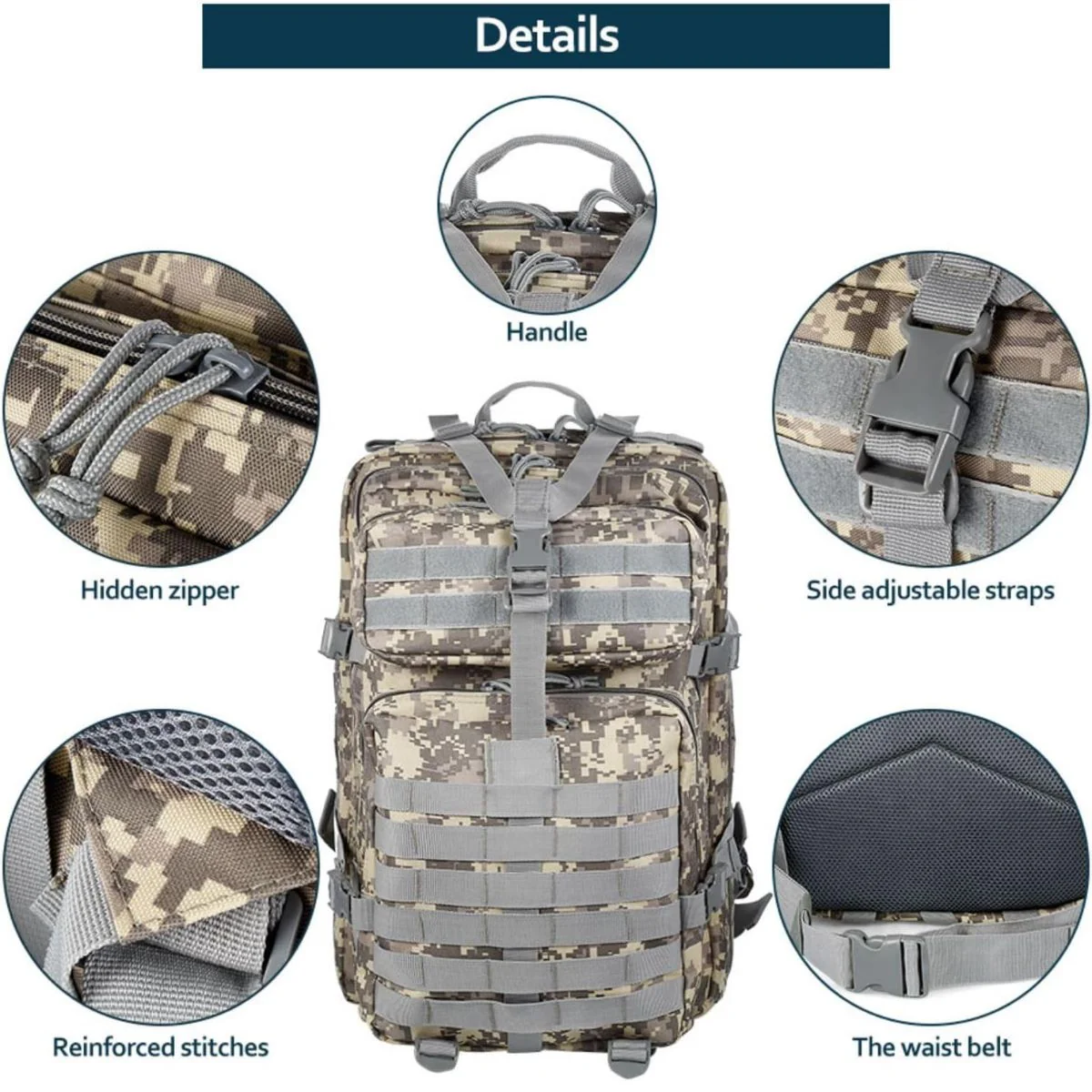Mochila Táctica Militar De 45L. Backpack Con Sistema MOLLE. Bolso Impermeable Y Resistente. Color Camuflaje Claro. - Image 2