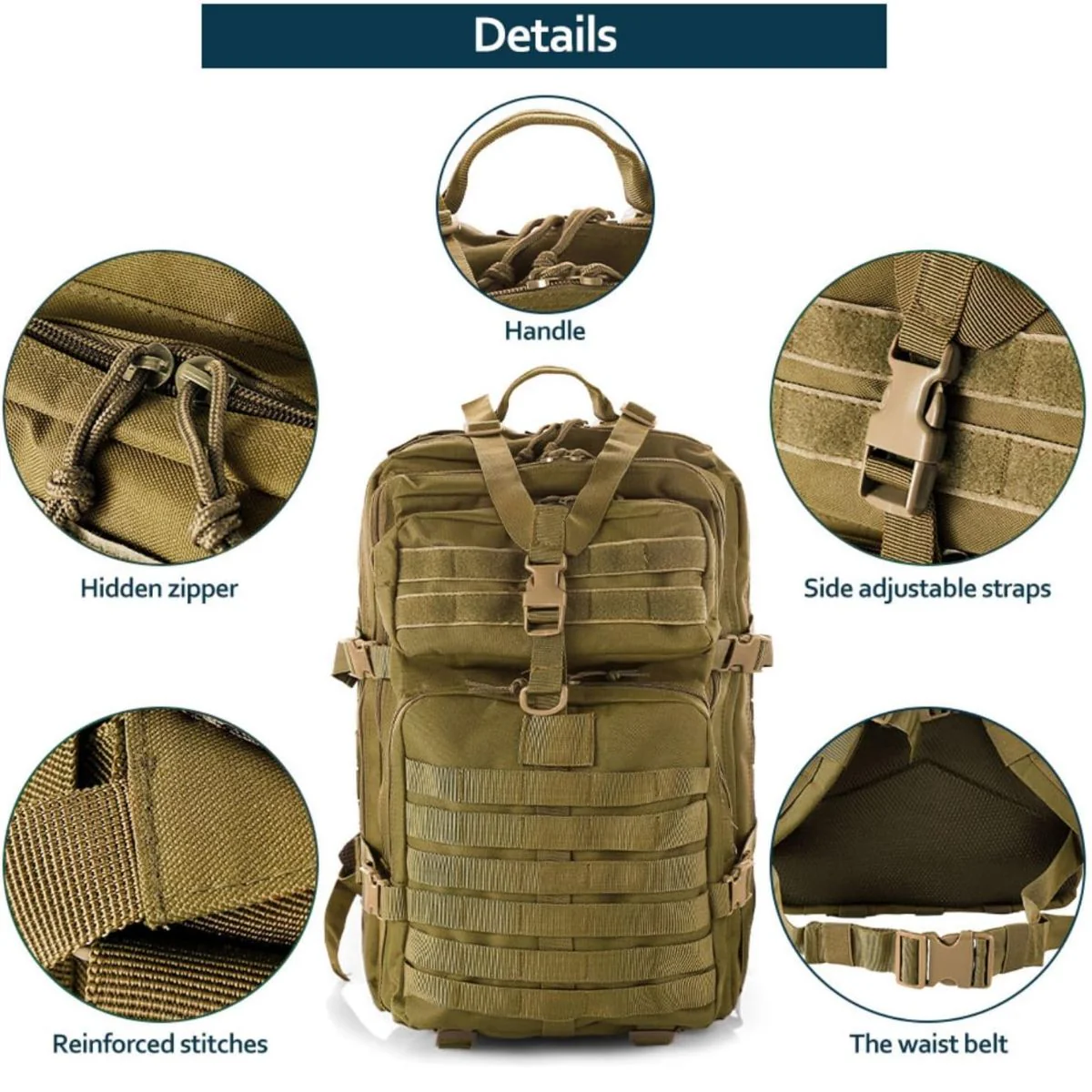 Mochila Táctica Militar De 45L. Backpack Con Sistema MOLLE. Bolso Impermeable Y Resistente. Color Caqui. - Image 2
