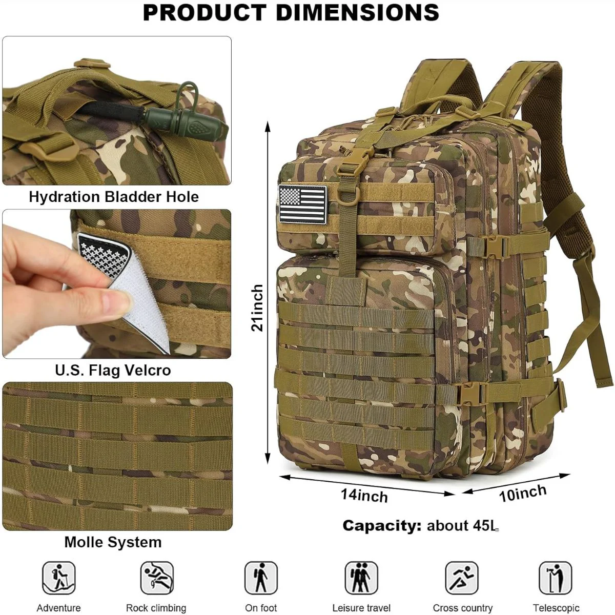 Mochila Táctica Militar De 45L. Backpack Con Sistema MOLLE. Bolso Impermeable Y Resistente. Morral - Image 5
