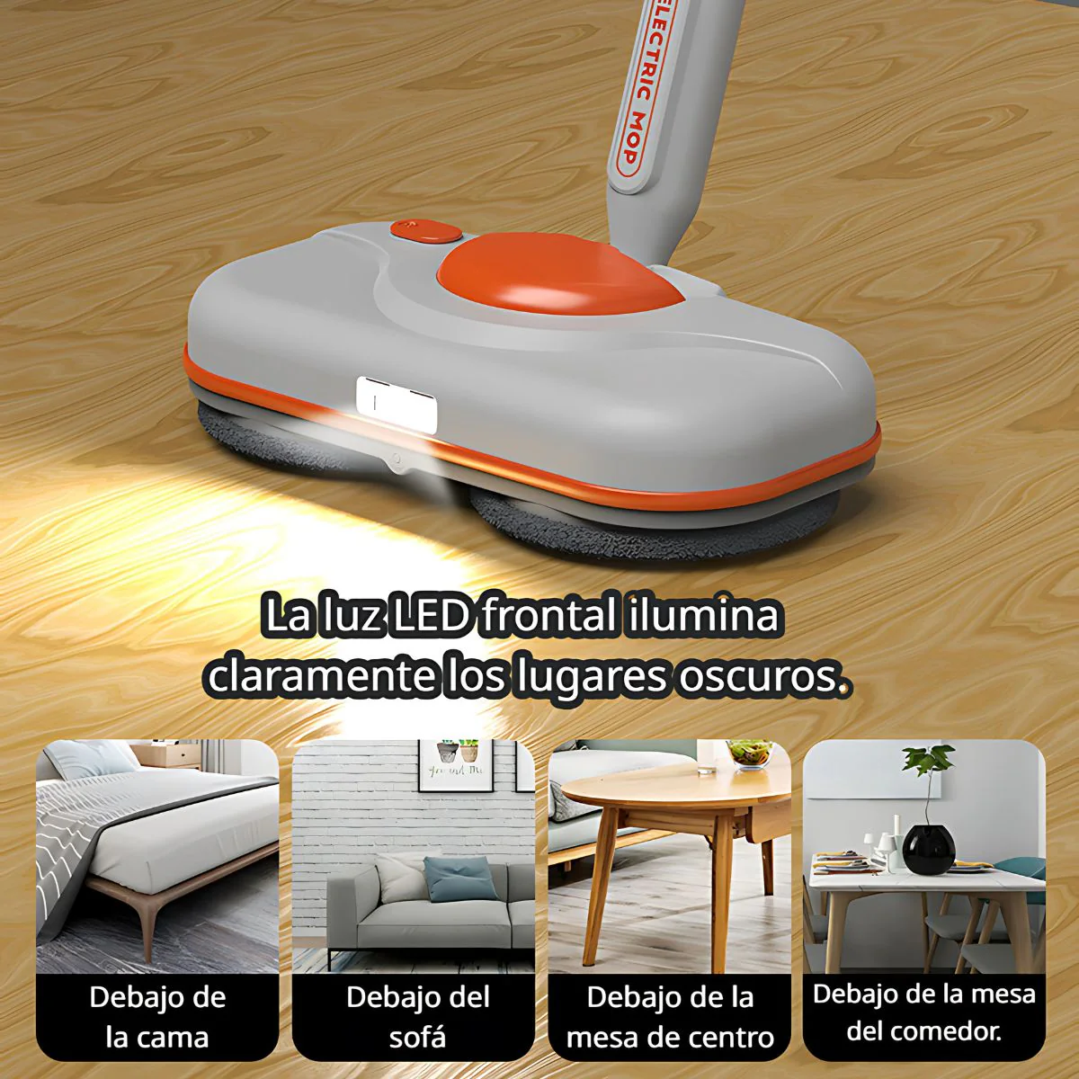 Mopa Eléctrica Inalámbrica Con Autolimpieza. Barre, Trapea Y Desinfecta. Tanque 750Ml, Luz LED Y Cabezal Giratorio 90° (Incluye Cubo). - Image 4