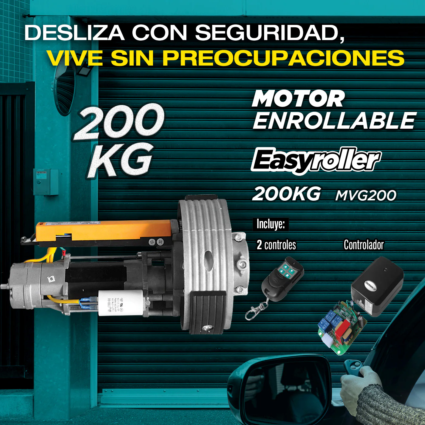 Motor Porton Enrrollable Central 200Kg.110V/60Htz. Incluye 2 Controles Remotos, Controlador