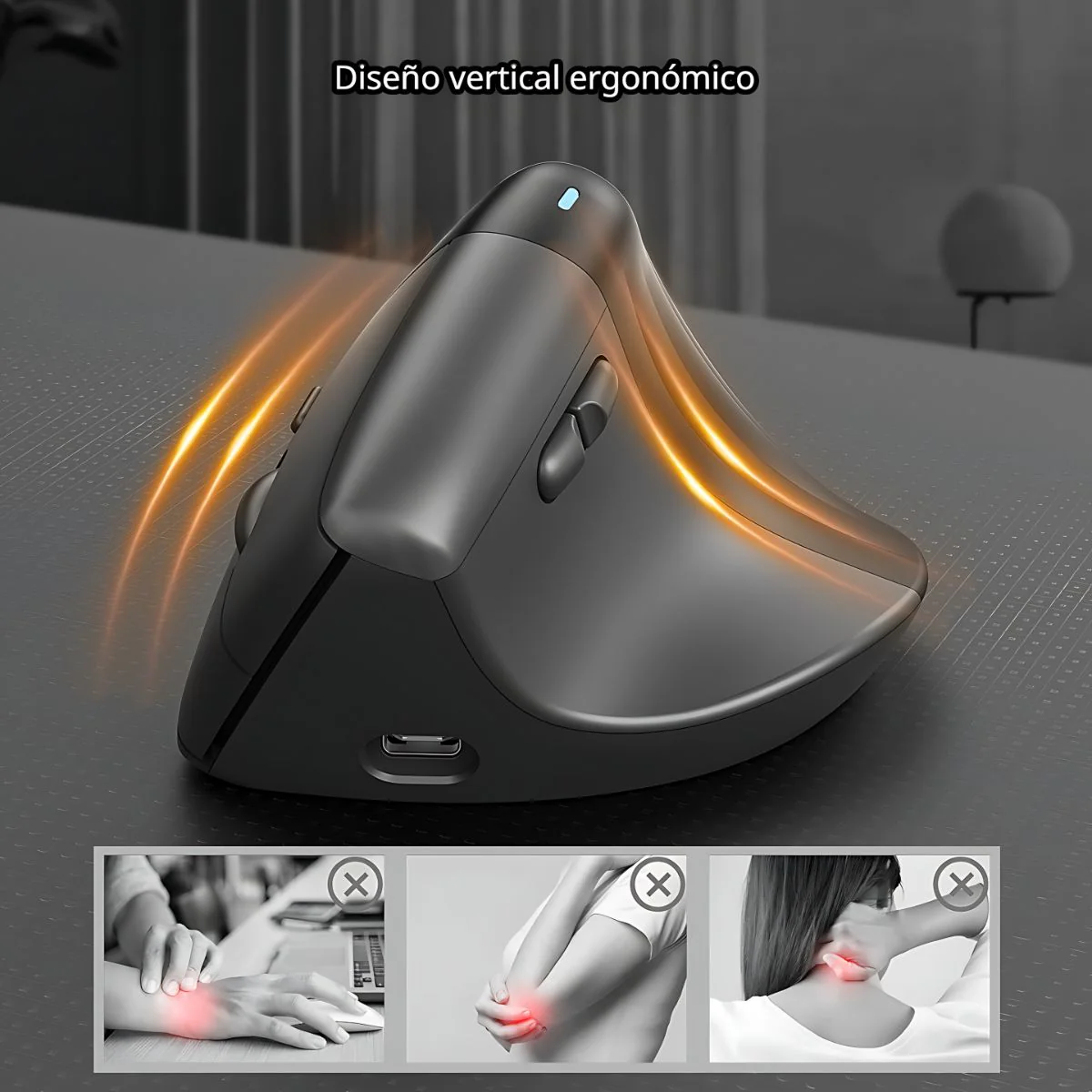 Mouse Ergonómico Reduce Tension En La Muñeca Vertical Recargable Con Clic Silencioso. Color Negro. Ratón Para Computadora.