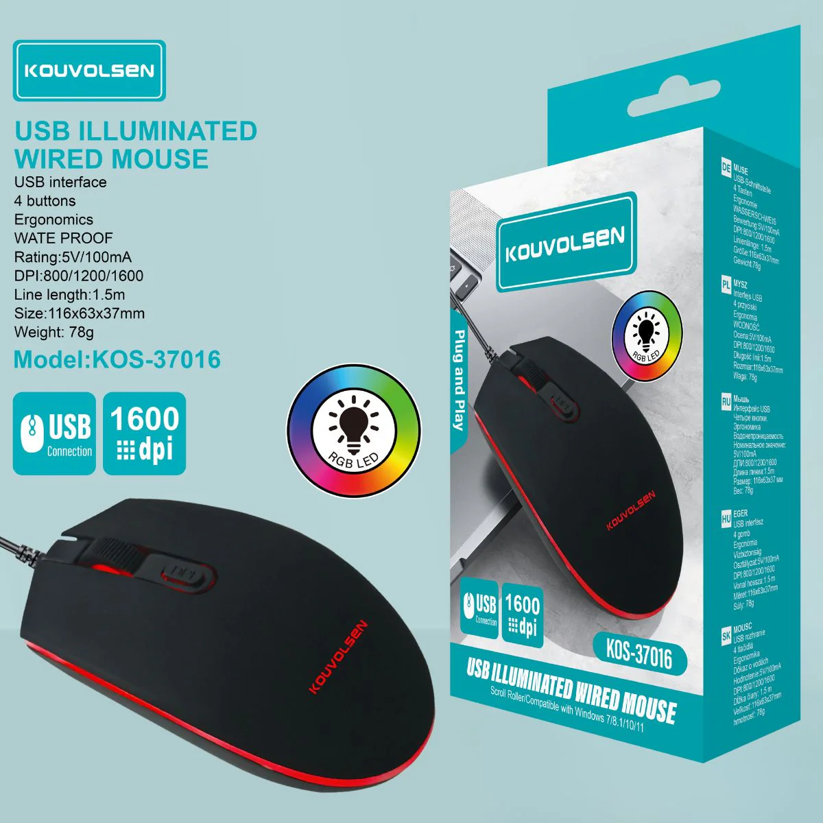 Mouse Gamer Con Cable USB (1.5M). 1600 DPI Ajustable. Iluminación RGB LED. Diseño Ergonómico De 4 Botones. Plug And Play.