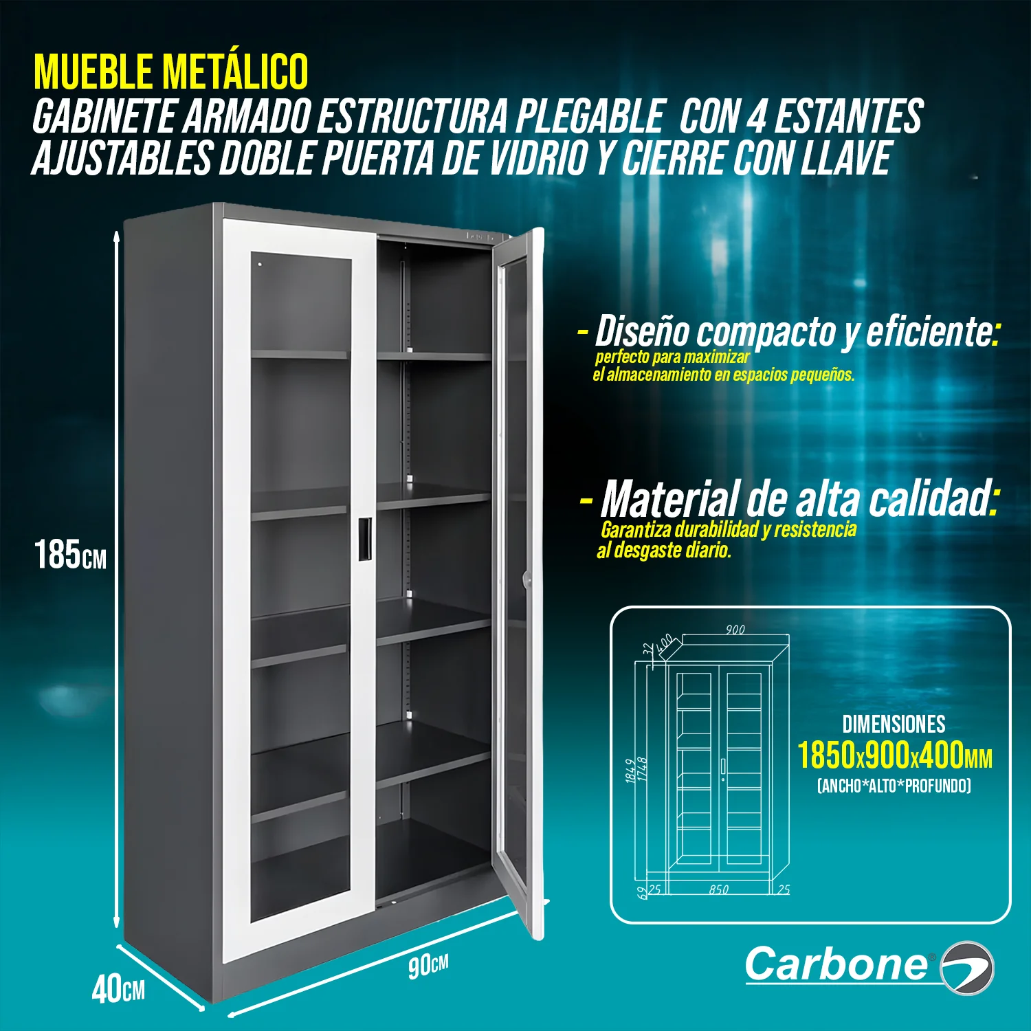 Mueble Metalico Gabinete Armado Estructura Plegable Con 4 Estantes Ajustables Doble Puerta De Vidrio  Y Cierre Con Llave 1850X900x400mm