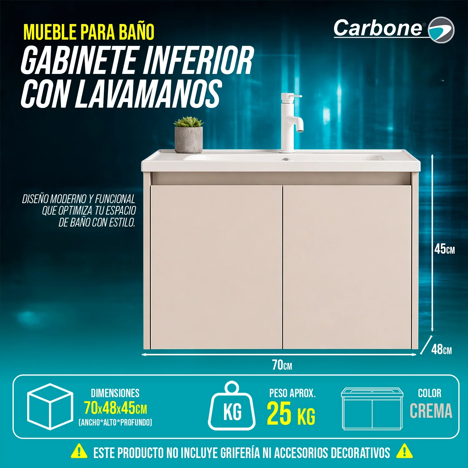 Mueble Para Baño Gabinete Inferior Con Lavamanos 70×48×45 Cm Mueble Moderno Color Beige Crema
