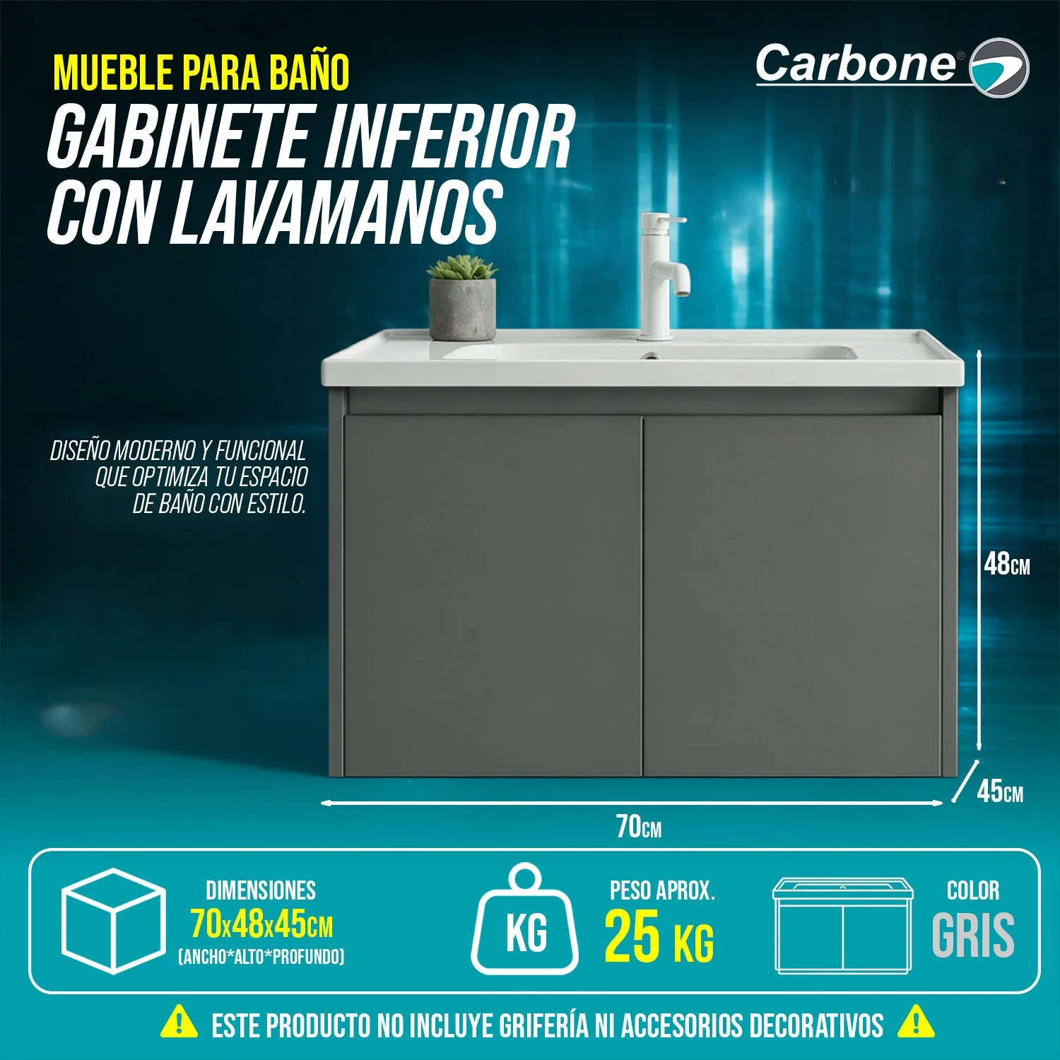 Mueble Para Baño Gabinete Inferior Con Lavamanos 70×48×45 Cm Mueble Moderno Color Gris