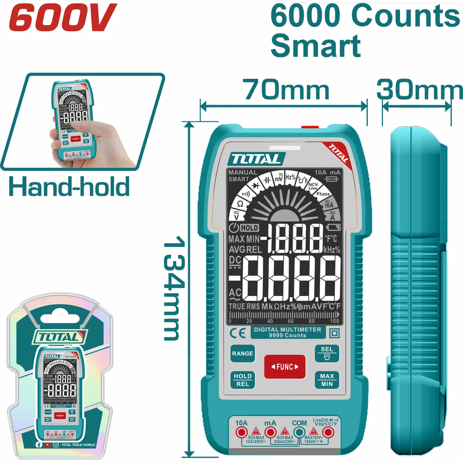 Multímetro Digital Smart De 6000 Conteos. Con Retención De Datos. AC/DC 600V. Resistencia 600Ω. Detección De Voltaje Sin Contacto.