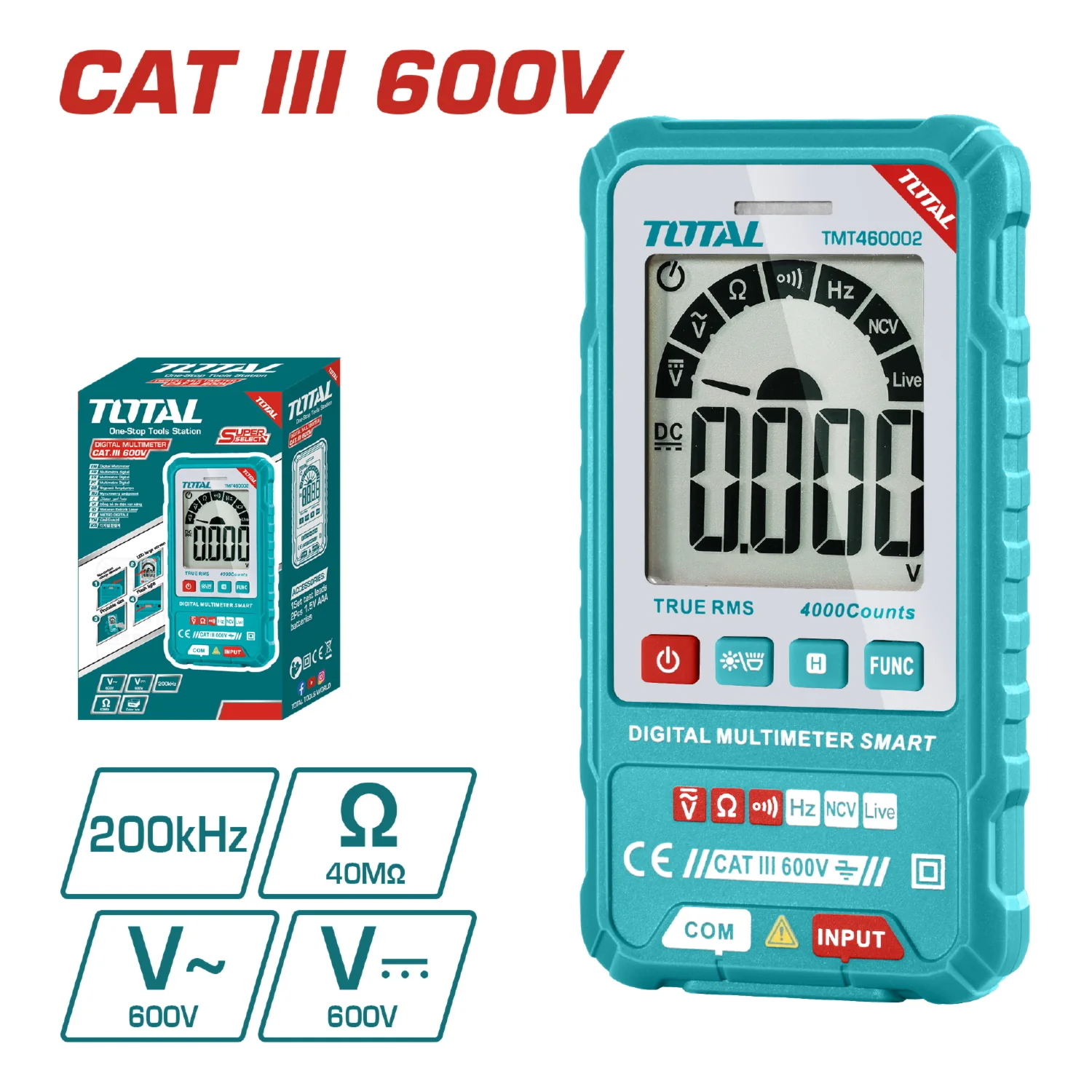 Multímetro Digital TOTAL SMART 600V Función (AC/DC Voltaje, Resistencia Y Frecuencia) - Image 2