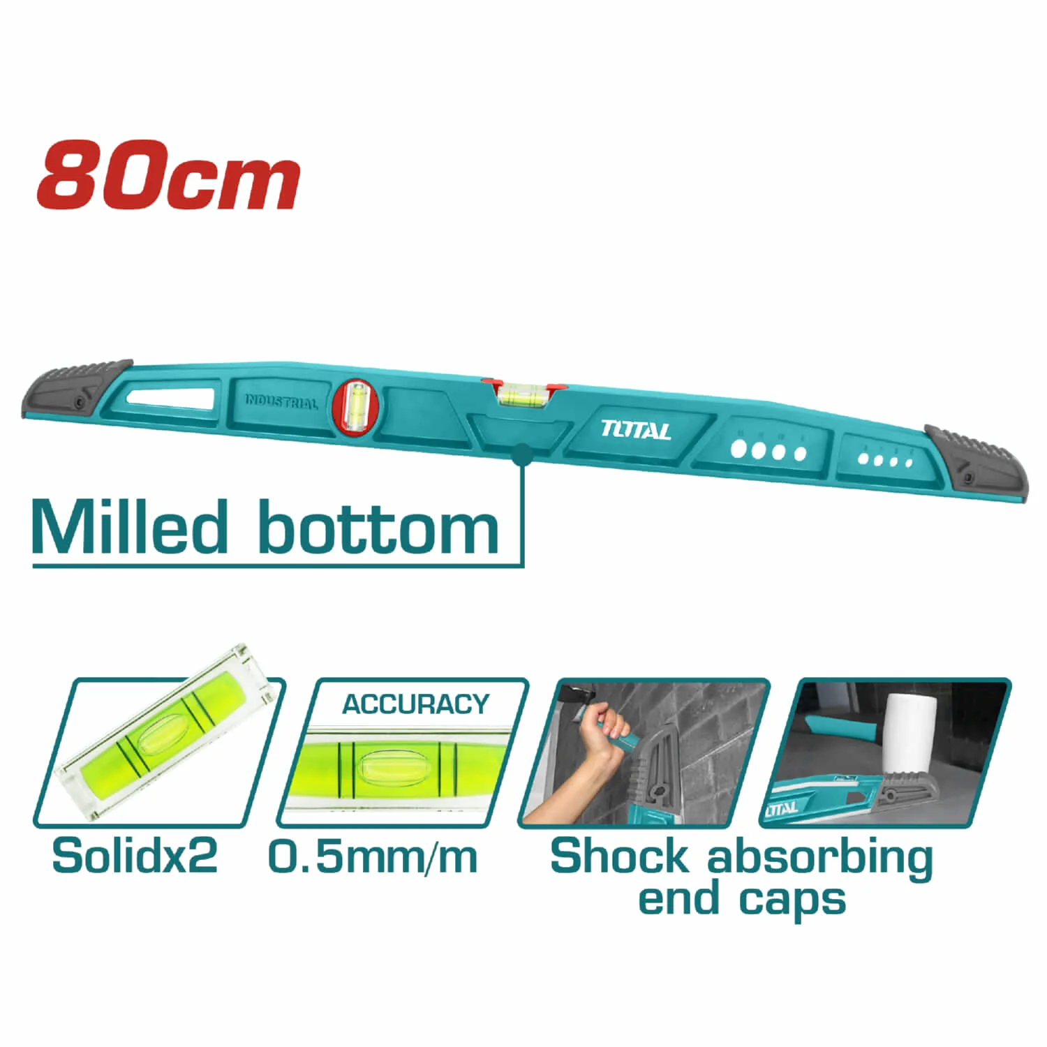 Nivel De Albañil 80Cm Para Nivelacion De Cerámicas Con Goma Para Martillar Precisión 0.5Mm/M Superficie Inferior Finamente Rectificada. Burbujas Horizontales Y Verticales.