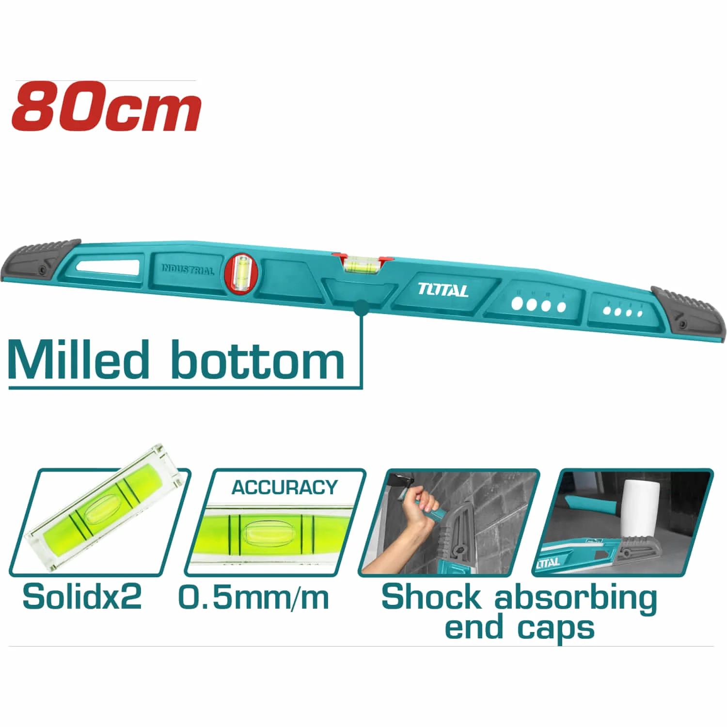 Nivel De Albañil 80Cm Para Nivelacion De Cerámicas Con Goma Para Martillar Precisión 0.5Mm/M Superficie Inferior Finamente Rectificada. Burbujas Horizontales Y Verticales. - Image 2
