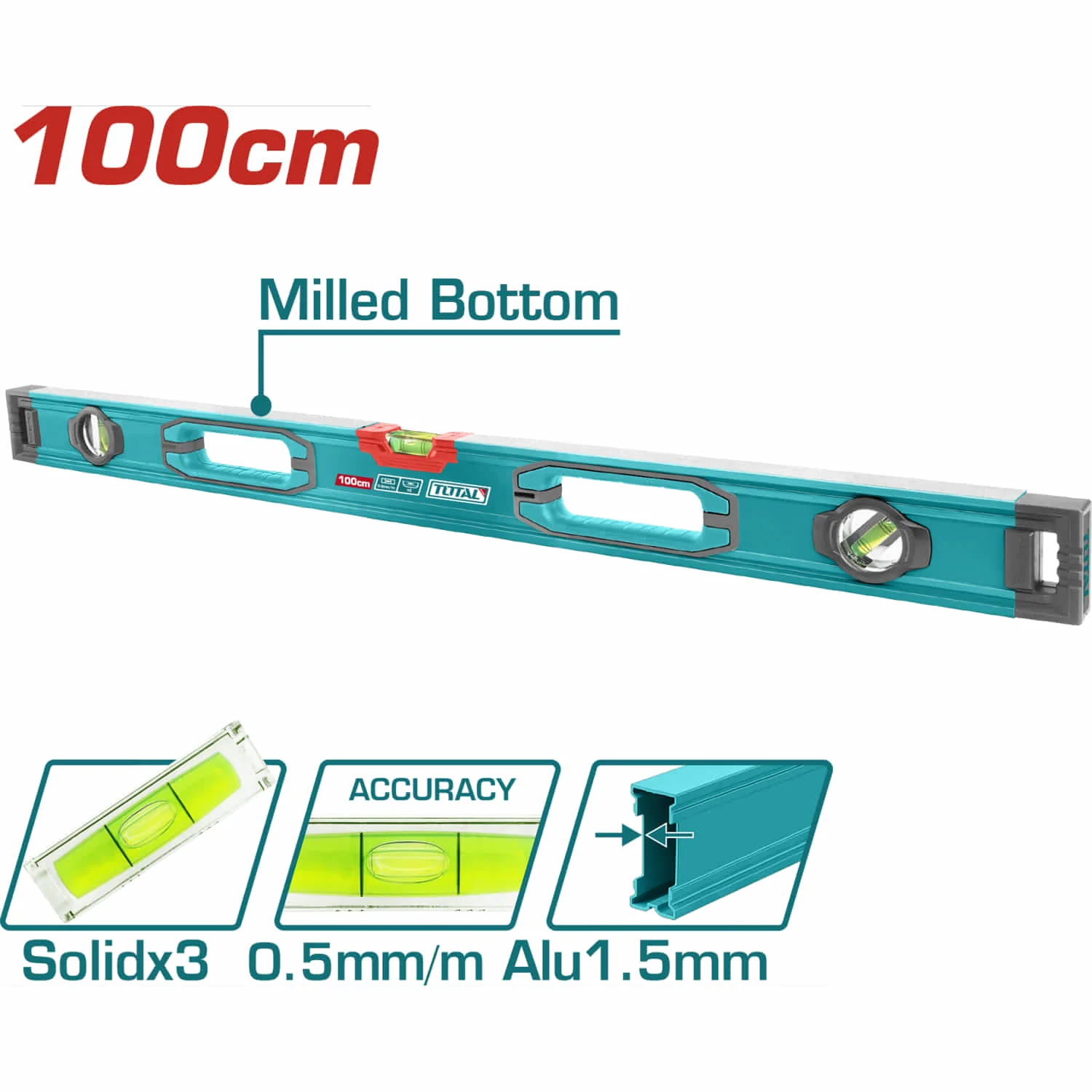 Nivel De Burbuja 100Cm. Fresado En Ambos Lados. Burbujas Nivel De Precisión 0.5Mm Grosor 1.5Mm Ranuras En Forma De V Para Medir Objetos. Alta Precisión. Alta Calidad. - Image 2