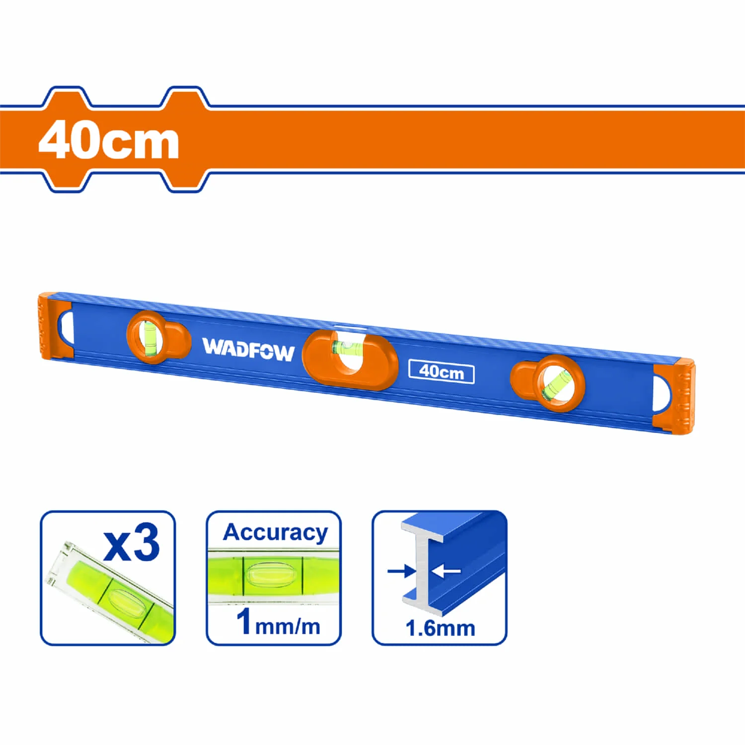Nivel De Burbuja 40Cm. Aluminio. Espesor: 1.6Mm. 3 Niveles. 90° 180° 45°