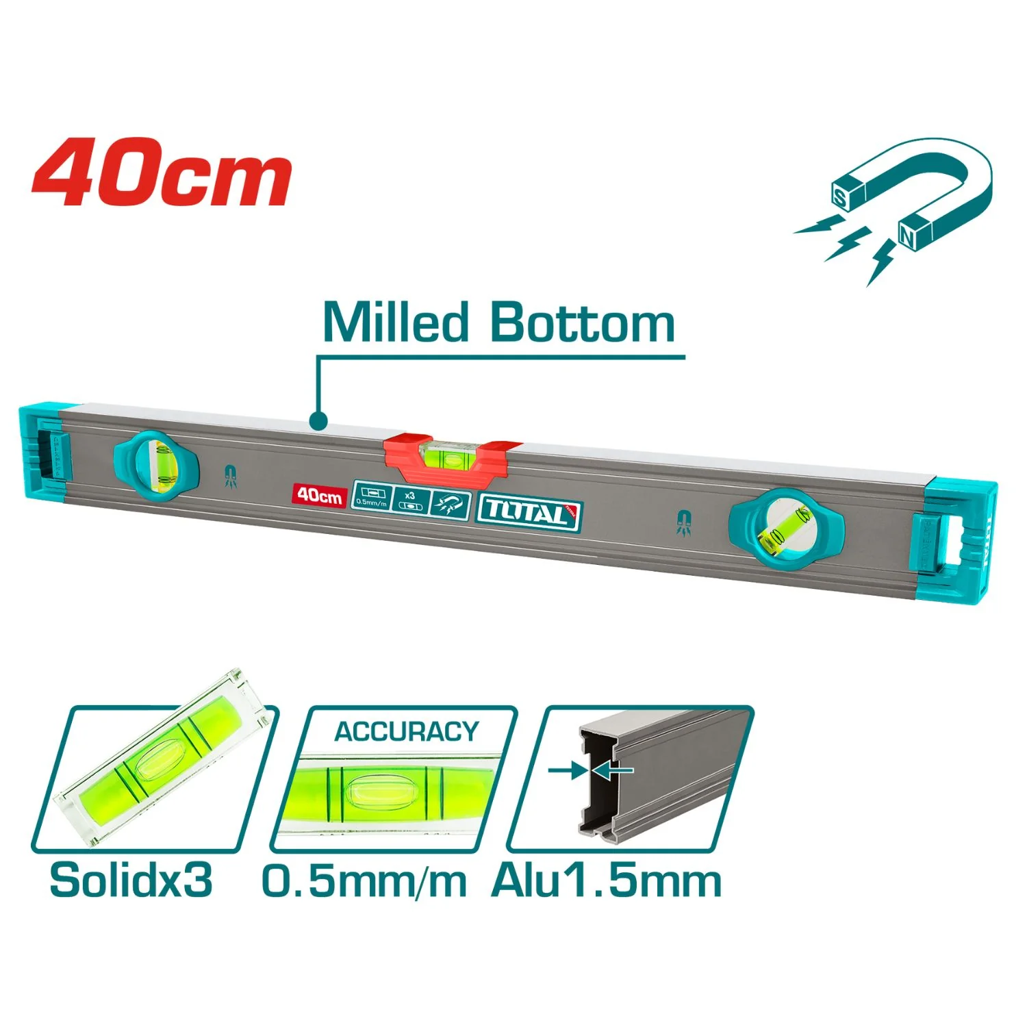 Nivel De Burbuja Magnetico De Doble Superficie Plana 40 Cm. Espesor Del Aluminio 1.5 Mm. - Image 2