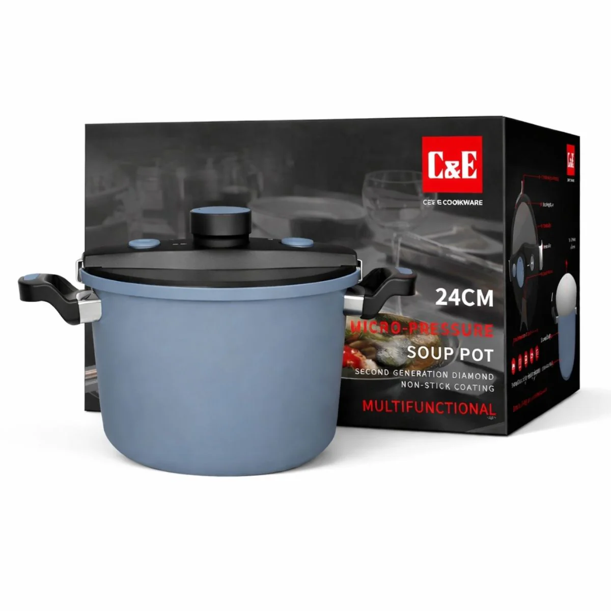 Olla De Micro Presión 24 Cm Antiadherente. Olla Para Sopa Multifuncional De 6L Y Espesor 2.9 Mm. Color Azul