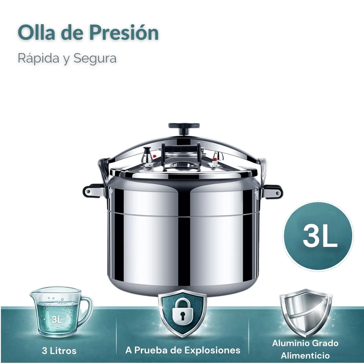 Olla De Presión De Cocción Rápida, Sistema De Seguridad Con Válvulas Dobles A Prueba De Explosiones, Compatible Con Gas Y Cocina Eléctrica. Capacidad 3 Litros.18 Cm