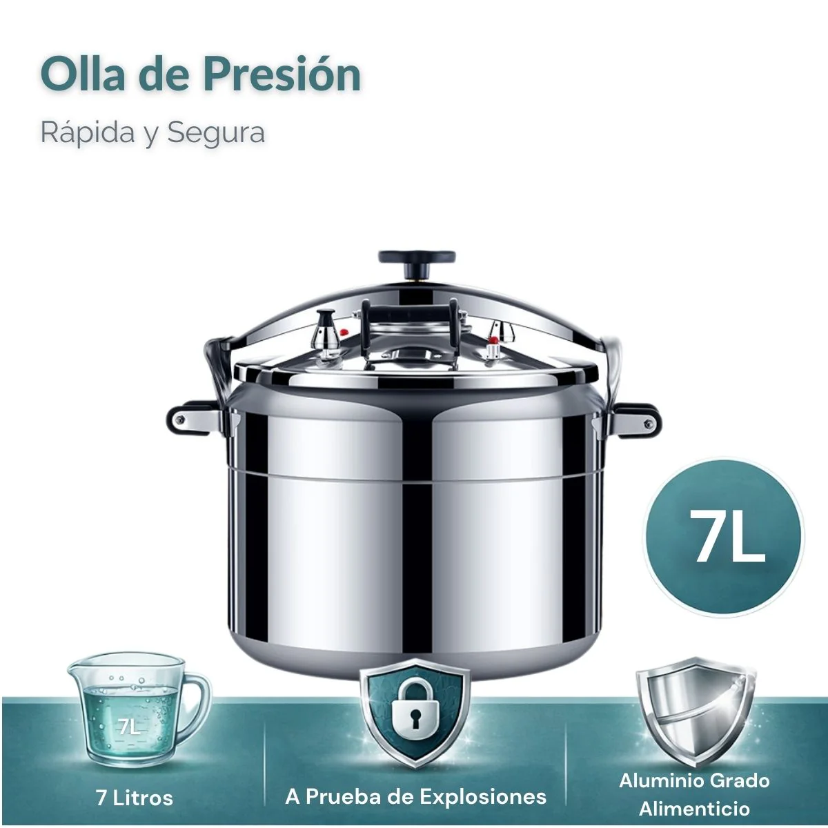 Olla De Presión De Cocción Rápida , Sistema De Seguridad Con Válvulas Dobles A Prueba De Explosiones, Compatible Con Gas Y Cocina Eléctrica. Capacidad 7 Litros.24 Cm