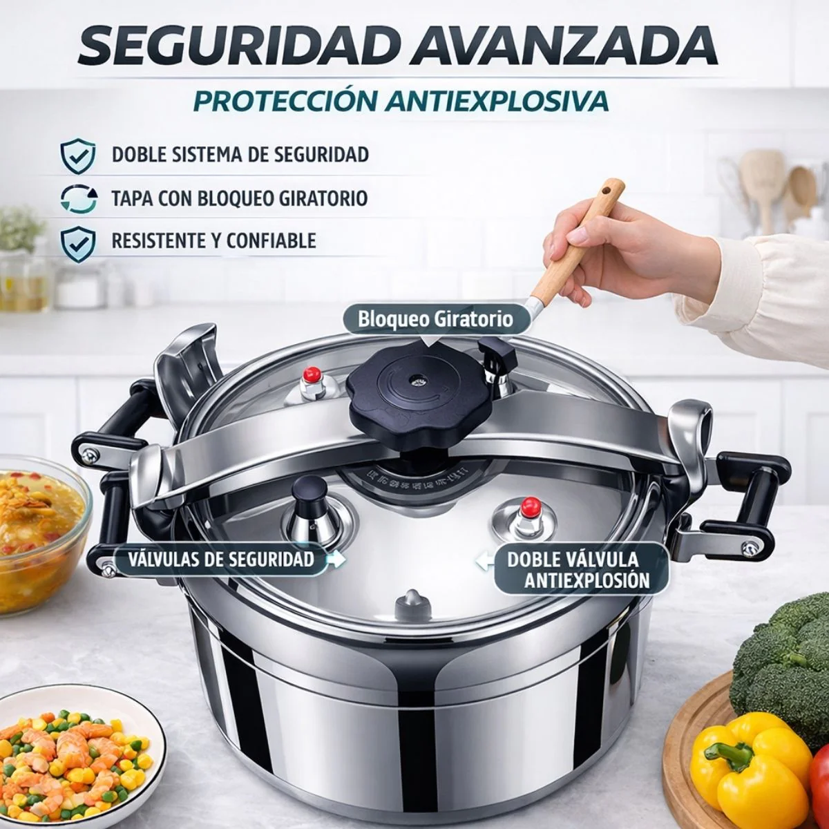 Olla De Presión De Cocción Rápida , Sistema De Seguridad Con Válvulas Dobles A Prueba De Explosiones, Compatible Con Gas Y Cocina Eléctrica. Capacidad 7 Litros.24 Cm - Image 2
