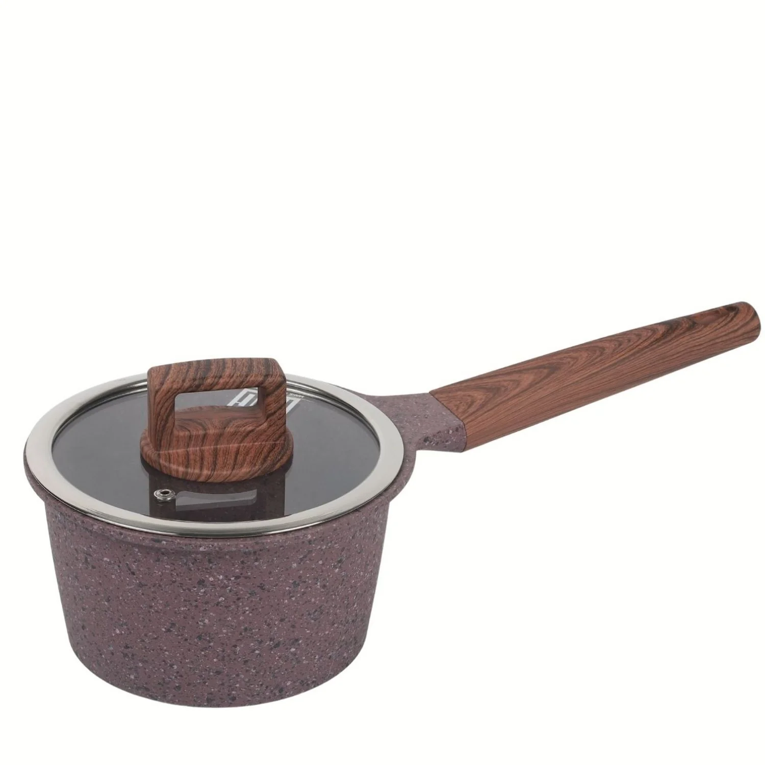 Olla Multifunción Ceramica Antiadherente 16Cm Con Tapa De Vidrio Color Marrón Rojizo  Mango Imitación Madera-Eco Friendly 100% Libre De Teflon
