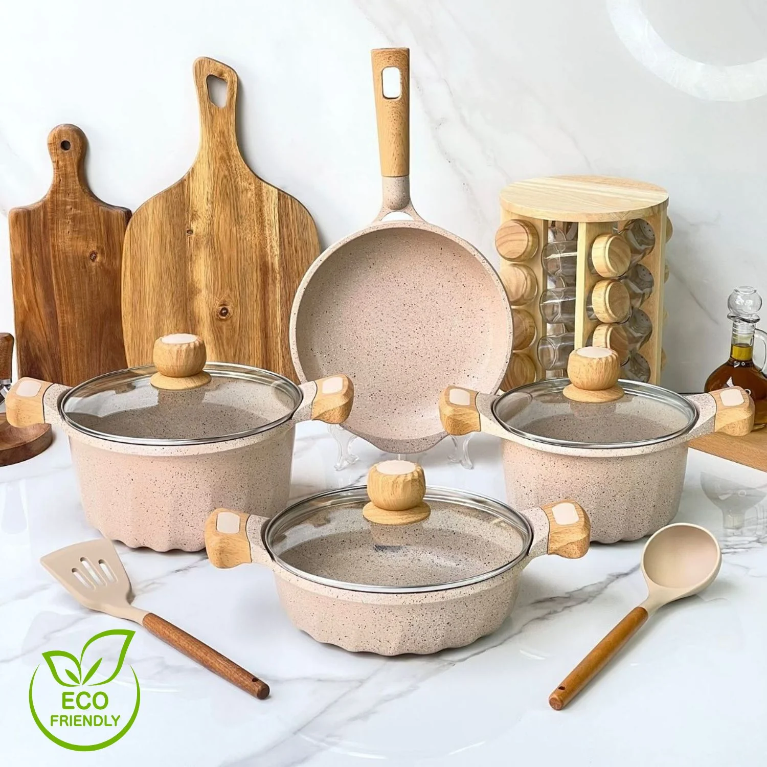 Ollas Antiadherentes 9 Piezas Con Revestimiento De Granito, Aluminio Forjado, Color Beige.  Eco-Friendly. Set De 9 Piezas. Batería De Cocina. Libre De Teflon