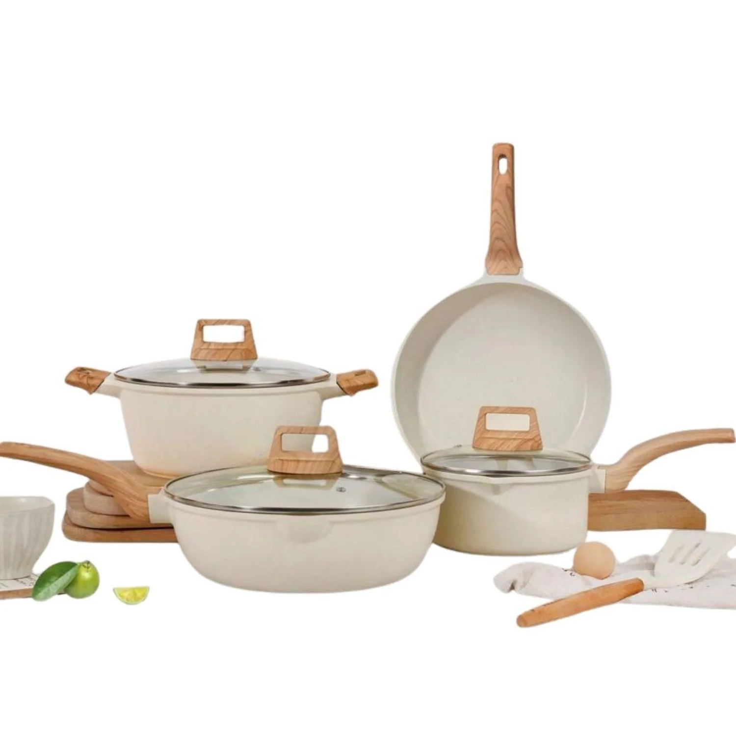 Ollas Y Sartenes Antiadherentes Set 9 Piezas Blanco Granito. Ollas, Sartenes Con Tapa Y Espátulas. Set De Cocina.
