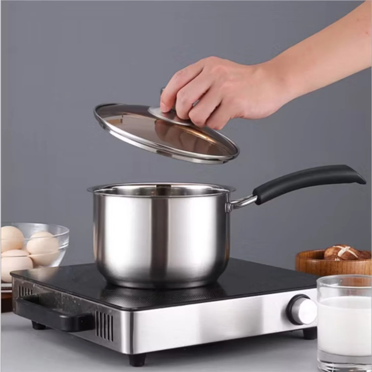 Ollas De Acero Inoxidable Antiadherente Para Cocinar Y Calentar. Tamaños16-18-20 Cm Para Inducción Y Estufa De Gas.100% Libre De Teflón. Set De 3 Ollas. Cacerolas. - Image 2