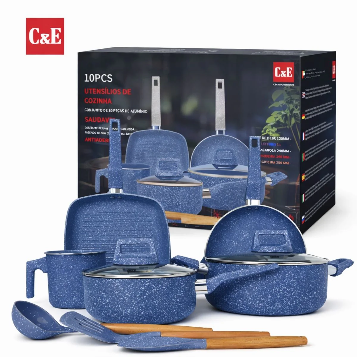 Ollas, Sartenes Antiadherentes Con Recubrimiento Cerámico Y Espesor 2.2 Mm. Set De Cocina De 10 Piezas (Incluye Utensilios). Color Azul