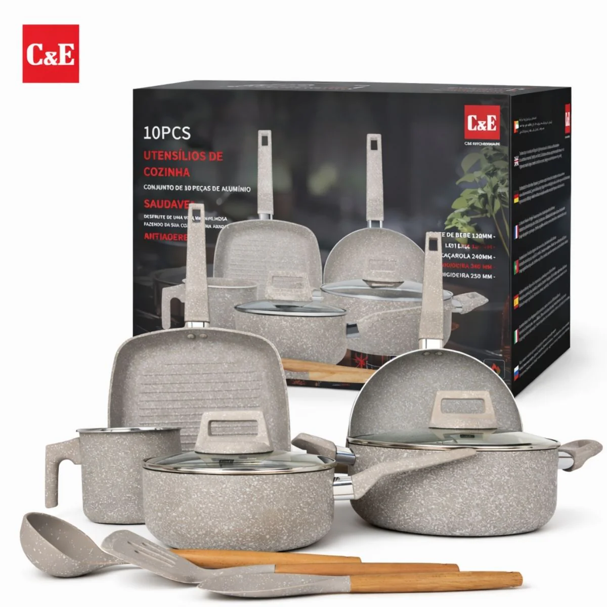 Ollas, Sartenes Antiadherentes Con Recubrimiento Cerámico Y Espesor 2.2 Mm. Set De Cocina De 10 Piezas (Incluye Utensilios). Color Beige
