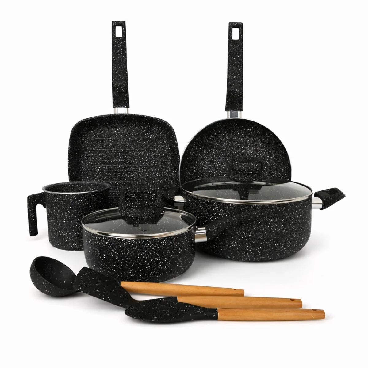 Ollas, Sartenes Antiadherentes Con Recubrimiento Cerámico Y Espesor 2.2 Mm. Set De Cocina De 10 Piezas (Incluye Utensilios). Color Negro - Image 2