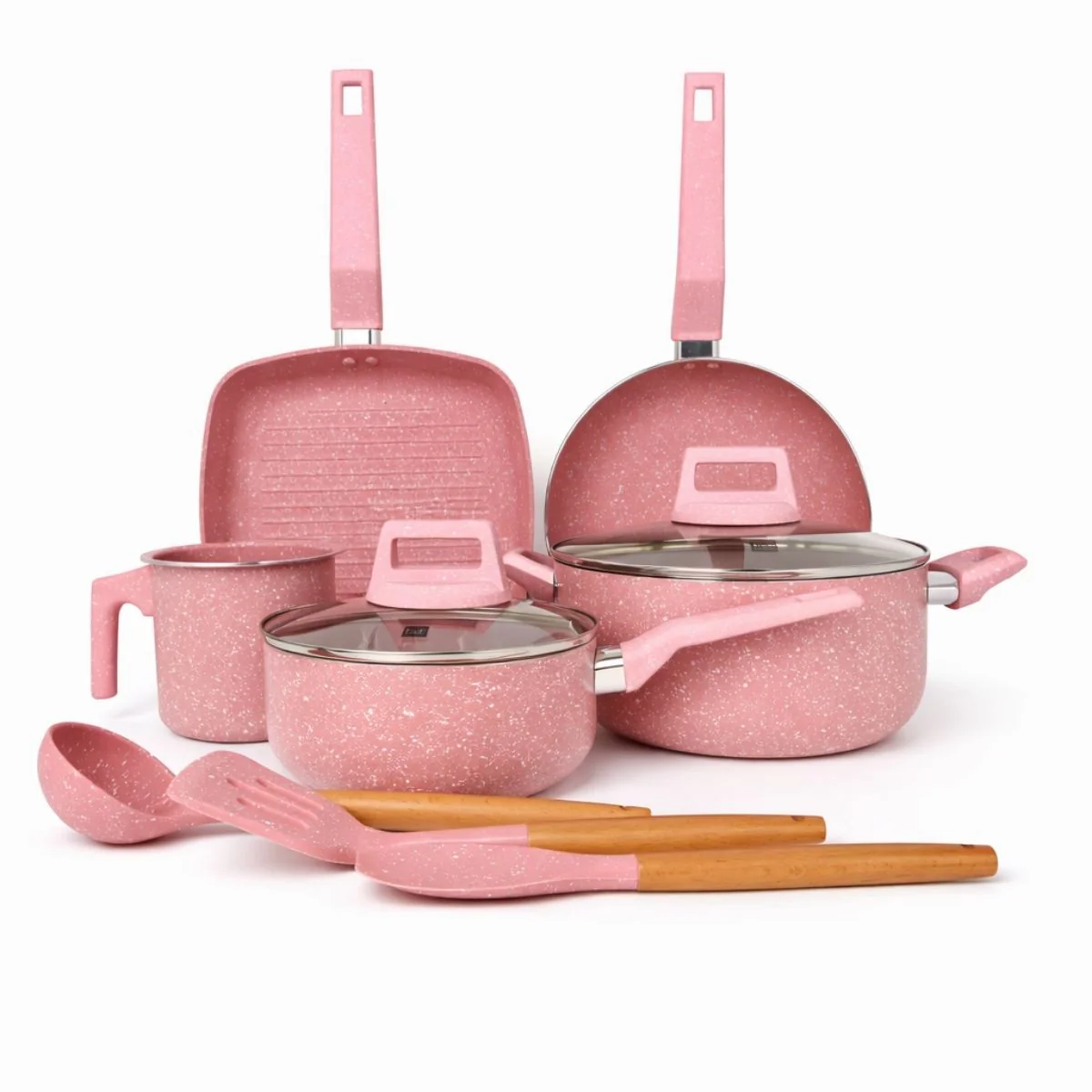 Ollas, Sartenes Antiadherentes Con Recubrimiento Cerámico Y Espesor 2.2 Mm. Set De Cocina De 10 Piezas (Incluye Utensilios). Color Rosa - Image 2