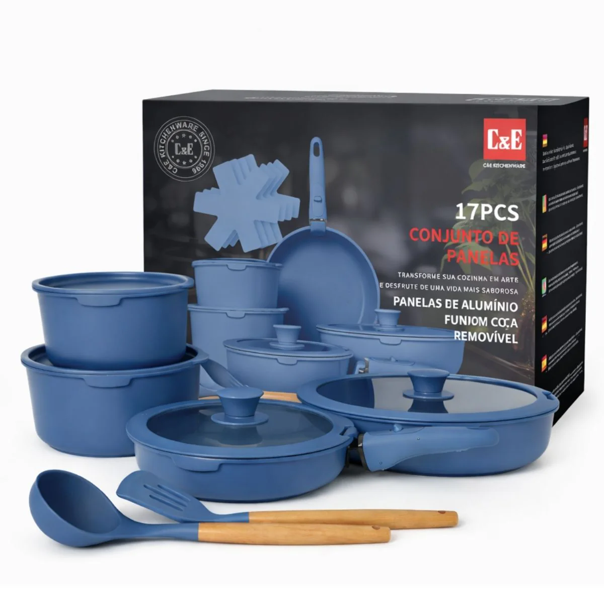 Ollas Y Sarten 17 Piezas Antiadherentes De Recubrimiento Cerámico Y Mangos Desmontables. Espesor 2.2 Mm (Incluye Utensilios De Silicona) Color Azul
